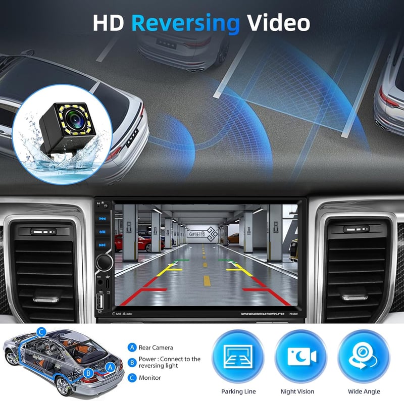 Podofo 2 DIN Autós Fejegység 7" Érintőképernyővel - Bluetooth 5.1, Vezeték Nélküli CarPlay, Android Auto, MirrorLink, FM Rádió, USB, Tolatók