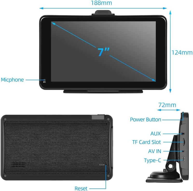 Podofo 7" Hordozható Autórádió Bluetooth-szal - Vezeték Nélküli CarPlay & Android Támogatás, Műszerfalra vagy Szélvédőre Szerelhető, Univerz