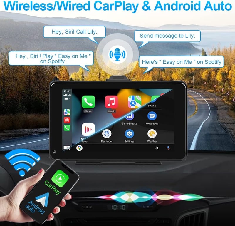 Podofo 7" Hordozható Autórádió Bluetooth-szal - Vezeték Nélküli CarPlay & Android Támogatás, Műszerfalra vagy Szélvédőre Szerelhető, Univerz