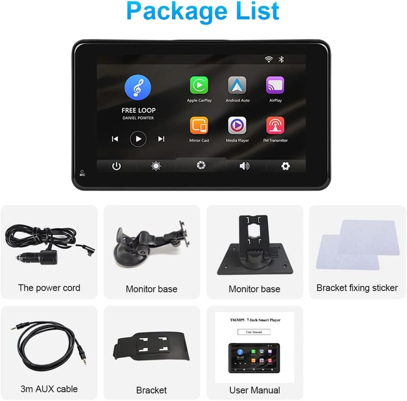 Podofo 7" Hordozható Autórádió Bluetooth-szal - Vezeték Nélküli CarPlay & Android Támogatás, Műszerfalra vagy Szélvédőre Szerelhető, Univerz