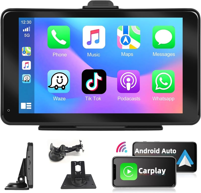 Podofo 7" Hordozható Autórádió Bluetooth-szal - Vezeték Nélküli CarPlay & Android Támogatás, Műszerfalra vagy Szélvédőre Szerelhető, Univerz