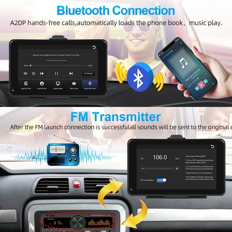 Podofo 7" Hordozható Autórádió Bluetooth-szal - Vezeték Nélküli CarPlay & Android Támogatás, Műszerfalra vagy Szélvédőre Szerelhető, Univerz