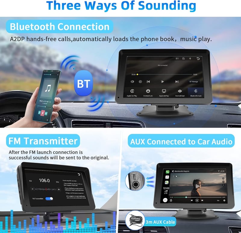 Podofo 7" Hordozható Autórádió IPS Érintőképernyővel - Apple CarPlay, Android Auto, Bluetooth, FM - Univerzális Fejegység Minden Járműtípush
