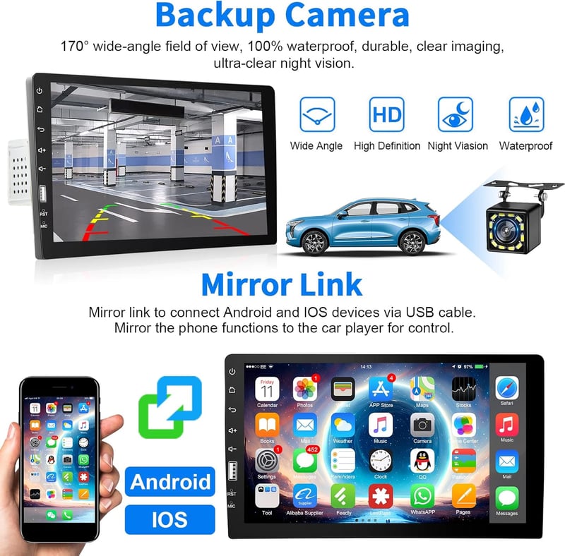 Podofo 9" 1 DIN Autórádió Apple CarPlay és Android támogatással, Bluetooth, FM/AM, Tolatókamera, Kormányvezérlés, Mirror Link, USB csatlakoz