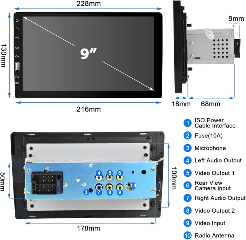 Podofo 9" 1 DIN Autórádió Apple CarPlay és Android támogatással, Bluetooth, FM/AM, Tolatókamera, Kormányvezérlés, Mirror Link, USB csatlakoz