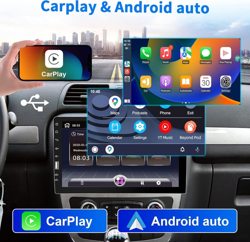 Podofo 9" 1 DIN Autórádió Apple CarPlay és Android támogatással, Bluetooth, FM/AM, Tolatókamera, Kormányvezérlés, Mirror Link, USB csatlakoz