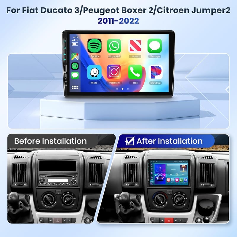 Podofo 9" Autórádió Fiat Ducato 3/Peugeot Boxer 2/Citroen Jumper 2 (2011-2022) - 2G+64G Vezeték Nélküli CarPlay, Android, Bluetooth, GPS, Wi