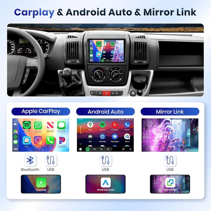 Podofo 9" Autórádió Fiat Ducato 3/Peugeot Boxer 2/Citroen Jumper 2 (2011-2022) - 2G+64G Vezeték Nélküli CarPlay, Android, Bluetooth, GPS, Wi