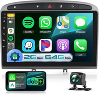 Podofo 9" Érintőképernyős DAB+ Autórádió Peugeot 308/408 (2007-2015) - 2G+64G Vezeték Nélküli CarPlay, Android, GPS, WiFi, Kormányvezérlés,  1