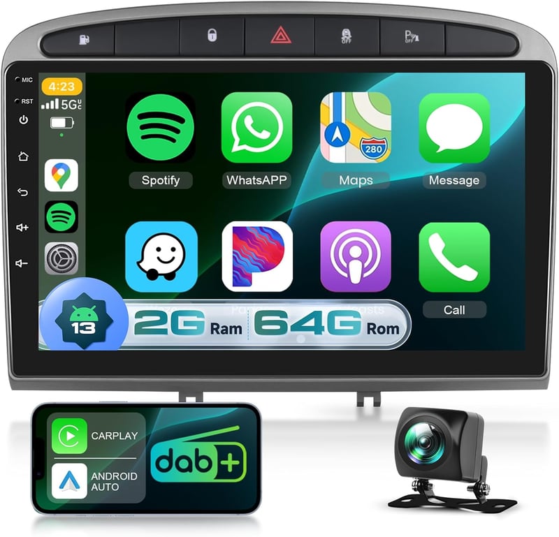 Podofo 9" Érintőképernyős DAB+ Autórádió Peugeot 308/408 (2007-2015) - 2G+64G Vezeték Nélküli CarPlay, Android, GPS, WiFi, Kormányvezérlés, 
