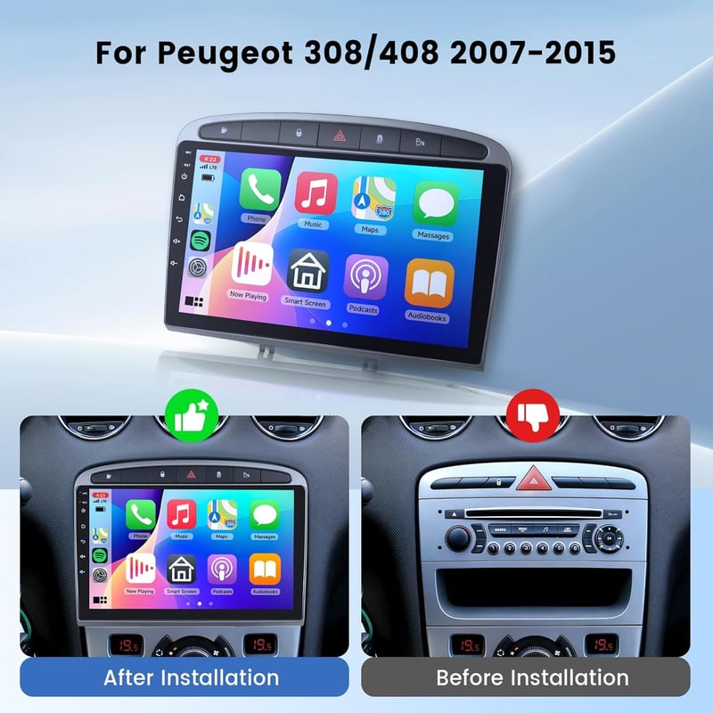 Podofo 9" Érintőképernyős DAB+ Autórádió Peugeot 308/408 (2007-2015) - 2G+64G Vezeték Nélküli CarPlay, Android, GPS, WiFi, Kormányvezérlés, 