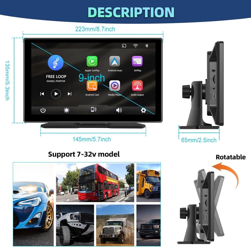 podofo 9" Hordozható Autórádió IPS Érintőképernyővel - Vezeték Nélküli CarPlay, Android Kompatibilis, Bluetooth, FM Adó, 7-32V Tápellátás