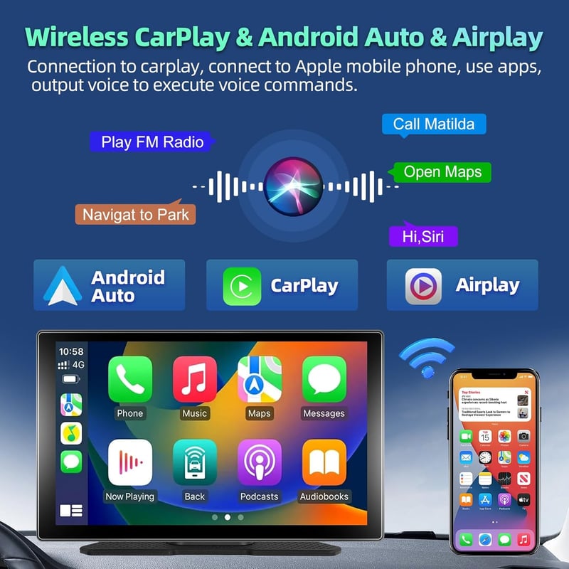 podofo 9" Hordozható Autórádió IPS Érintőképernyővel - Vezeték Nélküli CarPlay, Android Kompatibilis, Bluetooth, FM Adó, 7-32V Tápellátás