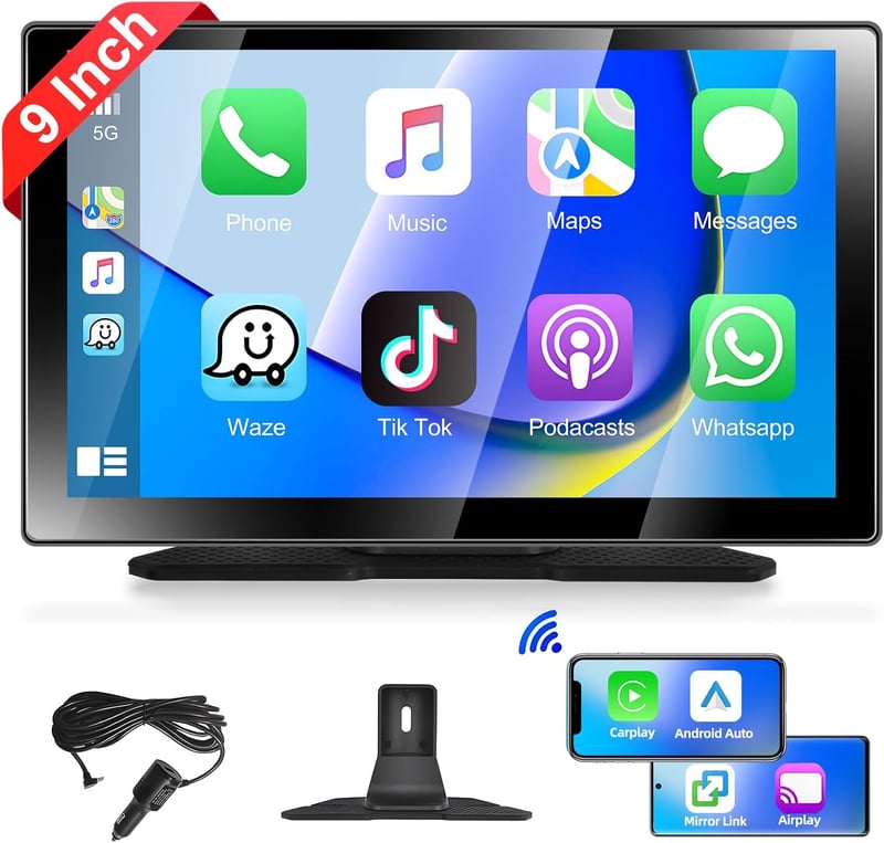 podofo 9" Hordozható Autórádió IPS Érintőképernyővel - Vezeték Nélküli CarPlay, Android Kompatibilis, Bluetooth, FM Adó, 7-32V Tápellátás
