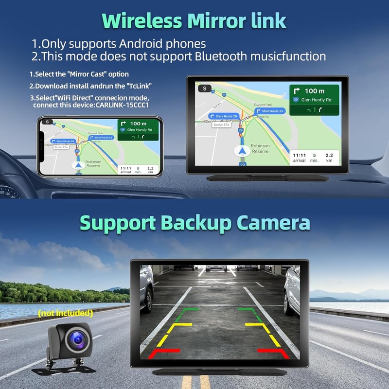 podofo 9" Hordozható Autórádió IPS Érintőképernyővel - Vezeték Nélküli CarPlay, Android Kompatibilis, Bluetooth, FM Adó, 7-32V Tápellátás