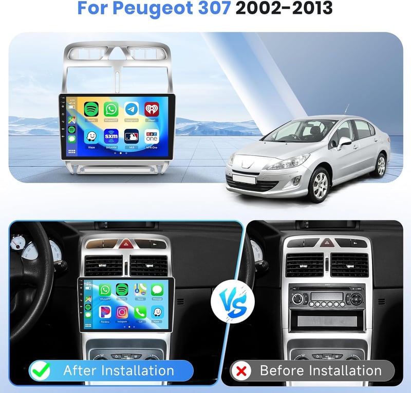 Podofo Android Autórádió Peugeot 307 (2002-2013) - 9" Érintőképernyős GPS Navigáció, 2G+64G, WiFi, Bluetooth, CarPlay, HiFi Hangrendszer