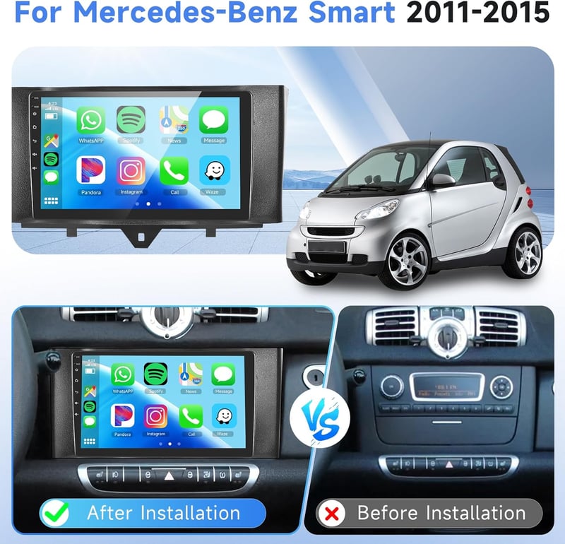 Podofo Autórádió Mercedes-Benz Smart Fortwo (2011-2015) - 9" Érintőképernyő, 2G+64G, Vezeték Nélküli CarPlay, Android, Bluetooth, GPS, WiFi
