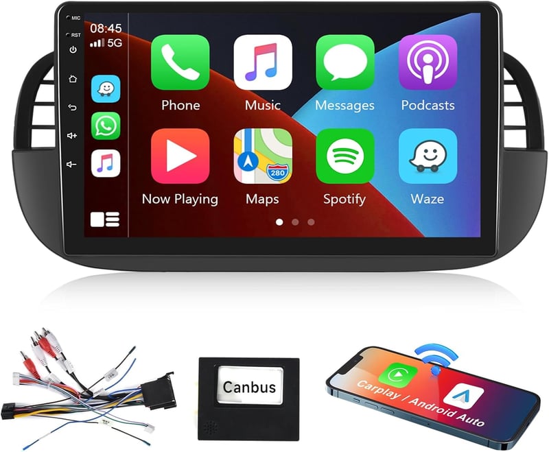 Podofo Carplay Autórádió Fiat 500 2007-2015 9" Érintőképernyő 2G+64G Bluetooth GPS WiFi