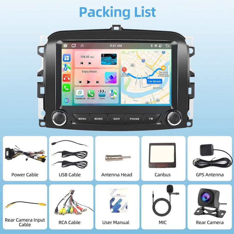 Podofo Fiat 500L Autórádió Android 15 Carplay 7" Érintőképernyő GPS Bluetooth