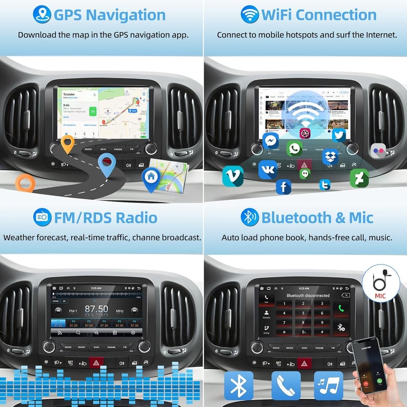 Podofo Fiat 500L Autórádió Android 15 Carplay 7" Érintőképernyő GPS Bluetooth