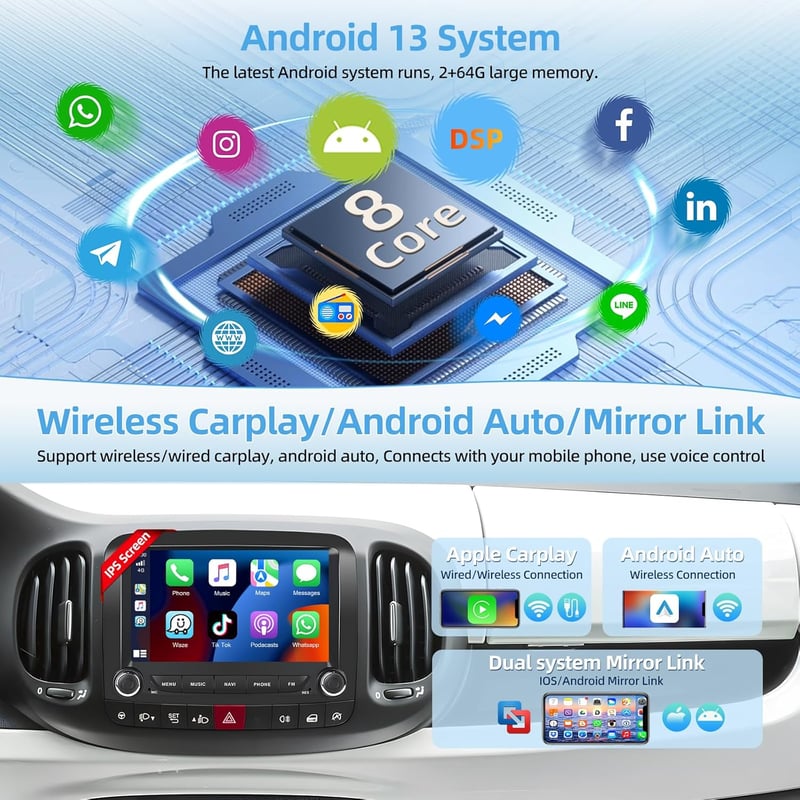 Podofo Fiat 500L Autórádió Android 15 Carplay 7" Érintőképernyő GPS Bluetooth