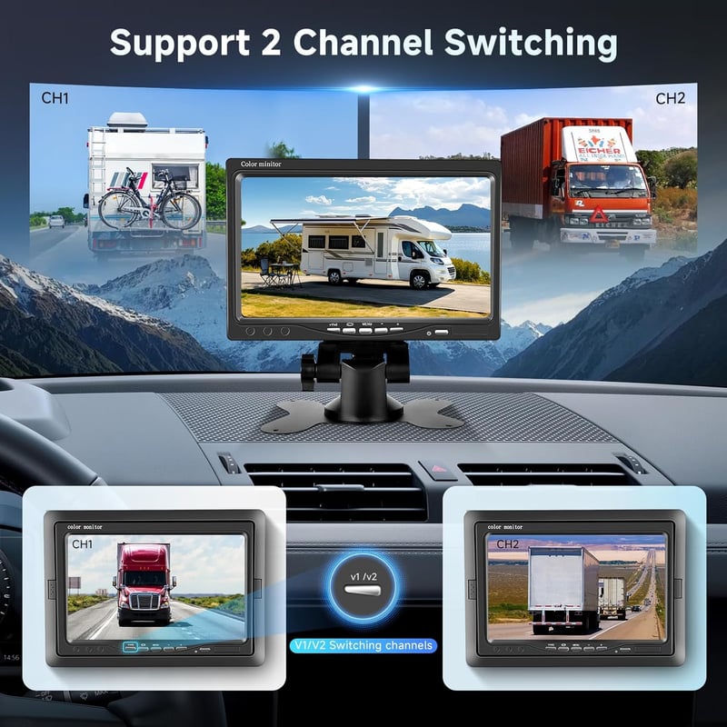 Podofo Tolatókamera Szett - 7" TFT Monitor + Vízálló Kamera 18 IR LED Éjjellátóval - Lakóautó, Busz, Kamion Kompatibilis - 20m Kábellel