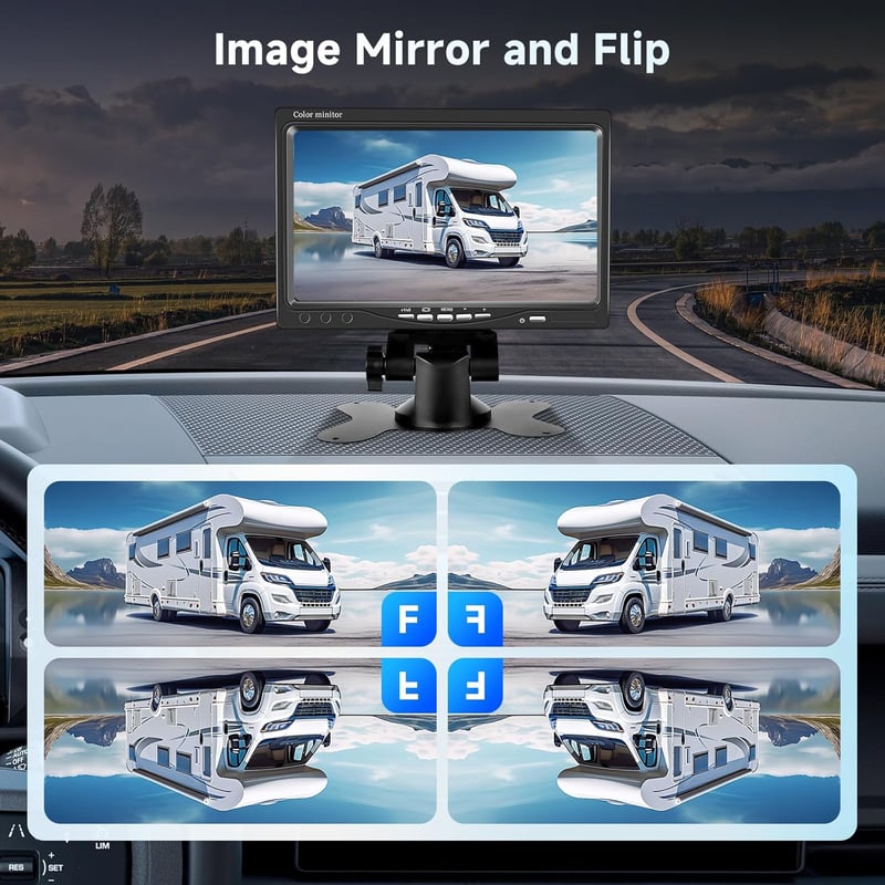 Podofo Tolatókamera Szett - 7" TFT Monitor + Vízálló Kamera 18 IR LED Éjjellátóval - Lakóautó, Busz, Kamion Kompatibilis - 20m Kábellel