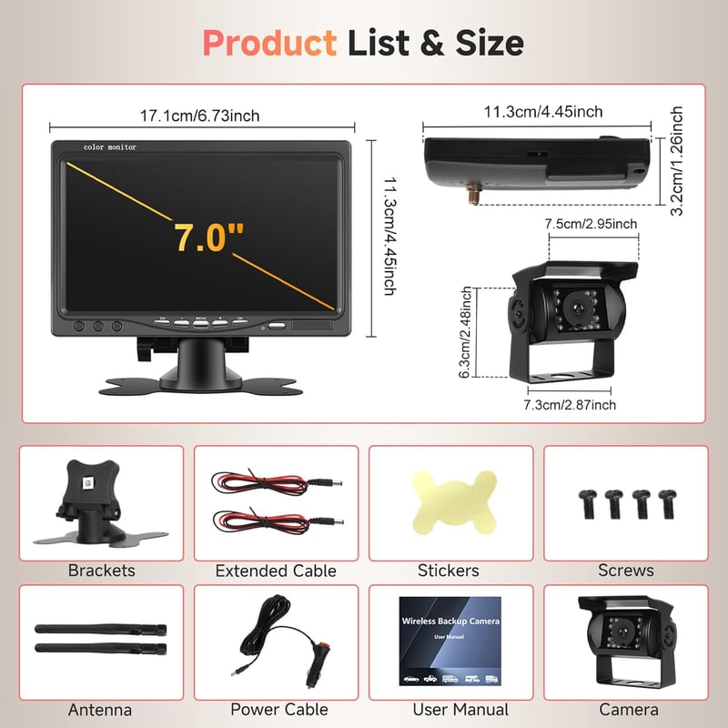 Podofo Vezeték nélküli Tolatókamera szett 1080P HD monitorral, IP68 vízálló, éjjellátó