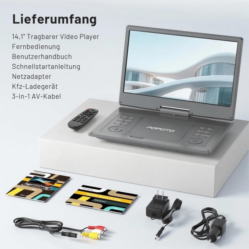 POFOTO 15,7" Hordozható DVD lejátszó 14,1" HD forgó kijelzővel, 6 órás akkumulátor - grey/black