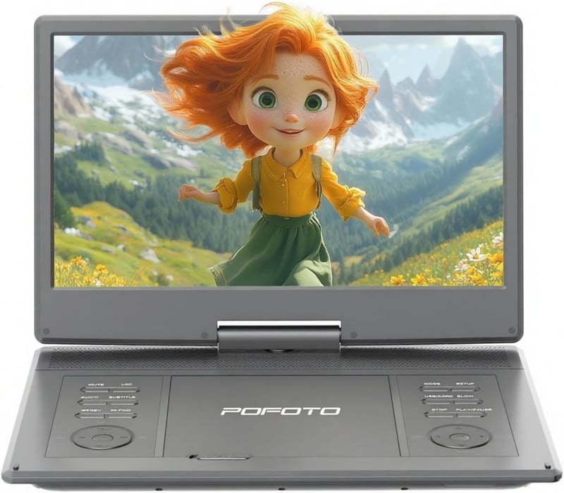 POFOTO 15,7" Hordozható DVD lejátszó 14,1" HD forgó kijelzővel, 6 órás akkumulátor - grey/black