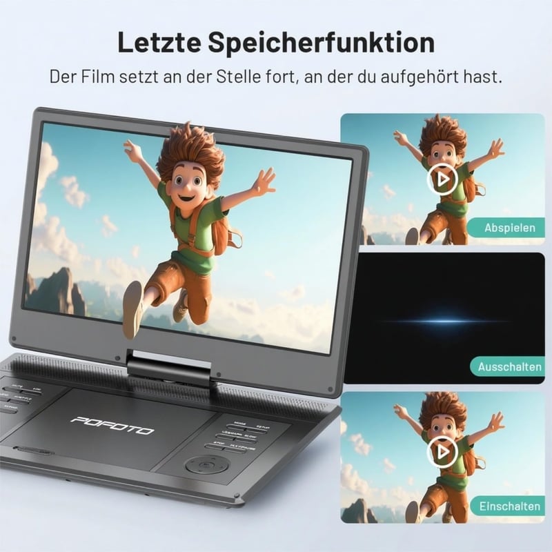 POFOTO 15,7" Hordozható DVD lejátszó 14,1" HD forgó kijelzővel, 6 órás akkumulátor - grey/black