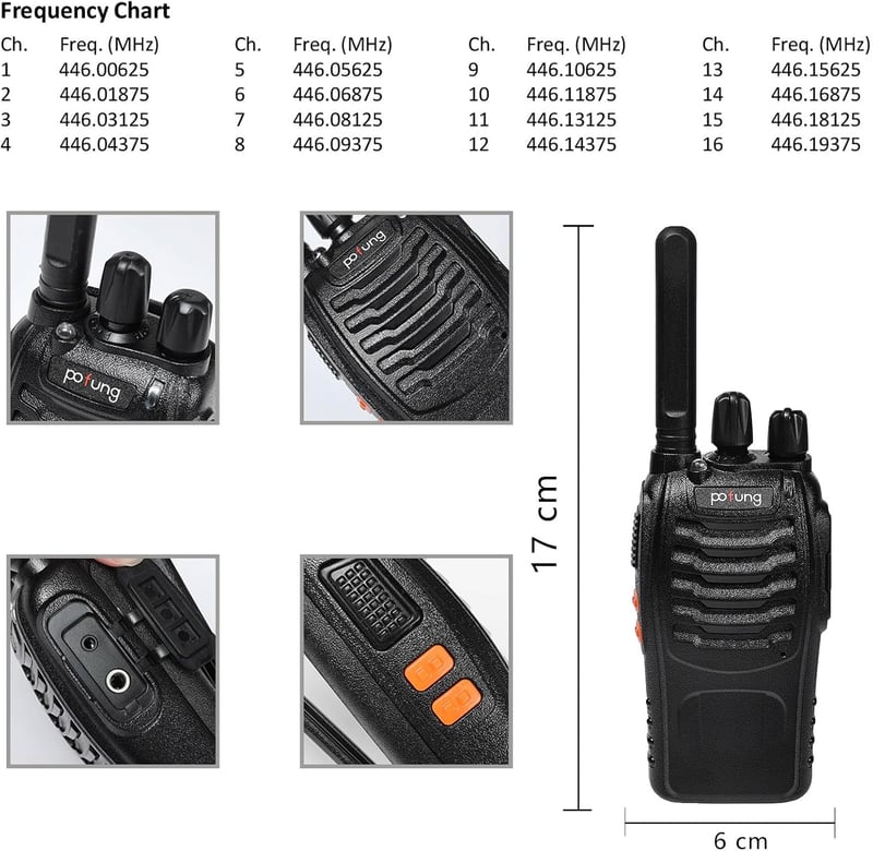Pofung PT88E PMR446 walkie talkie 16 csatornás VOX fekete 6 darabos rádiókészülék építkezés, étterem és hotel