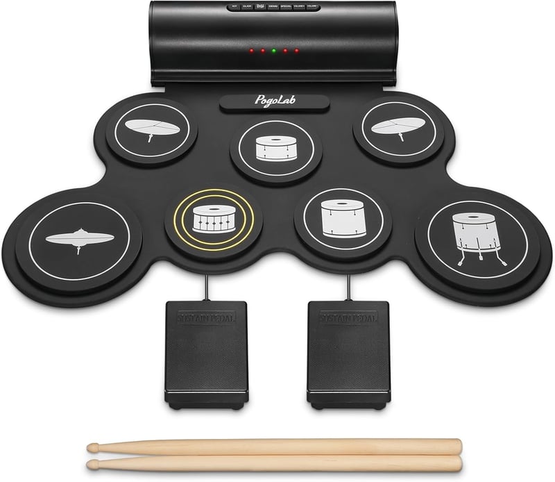 POGOLAB Elektromos Dobfelszerelés - Összehajtható 7 Pados Szett Beépített Hangszóróval, Bluetooth-szal, Fejhallgató Csatlakozóval, Kezdőknek