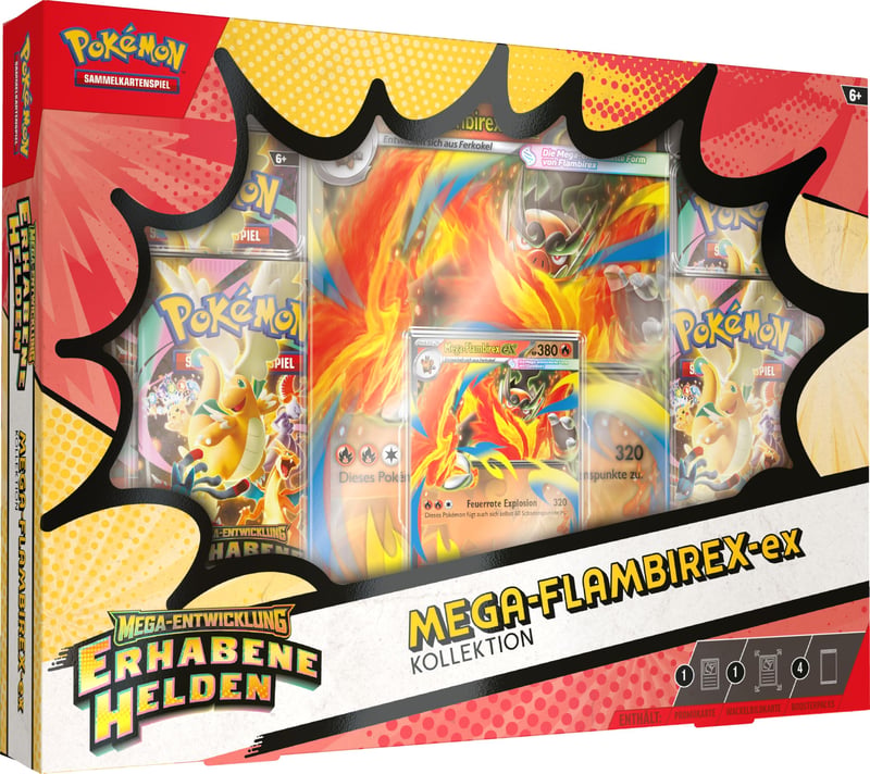 Pokémon zberateľská kartová hra: Kolekcia Mega vývoja – Vznešení hrdinovia: Mega-Emboar-ex (1 holografická promo karta, 1 obrovská pohyblivá karta a 4