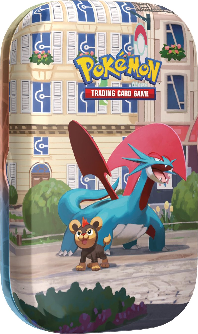 Mini-plechovka Pokémon Illumis – Salamence a Litleo (2 balíčky, 1 umelecká karta a 1 hárok nálepiek)