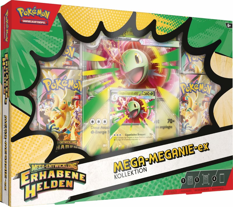 Pokémon zberateľská kartová hra – Kolekcia Mega evolúcie: Vznešení hrdinovia: Mega-Meganium-ex (1 holografická promo karta, 1 veľká pohyblivá karta a 4 boostery)