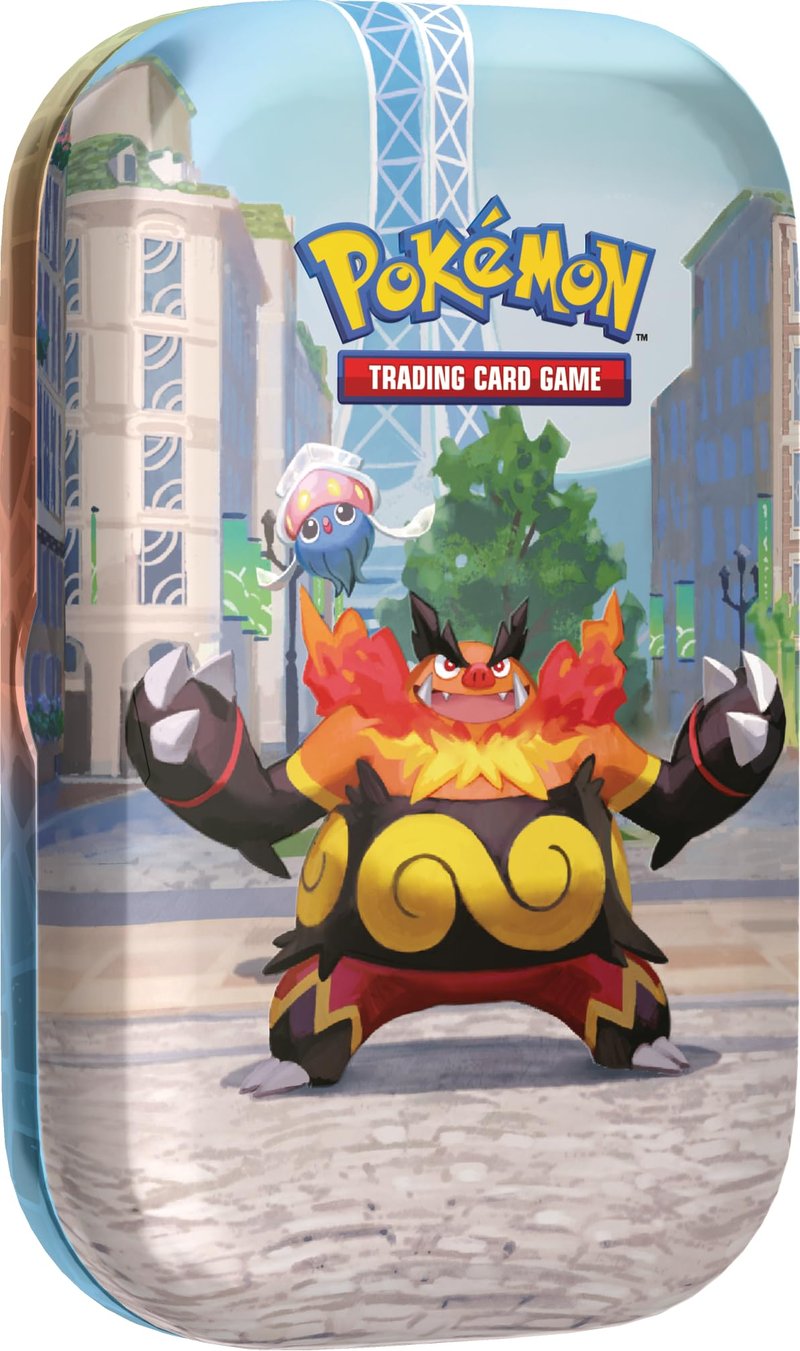 Pokémon kartová hra Mini Tin Box Illumina City: Flambirex a Iscalar – 2 booster balíčky, 1 pohľadnica a 1 hárok nálepiek