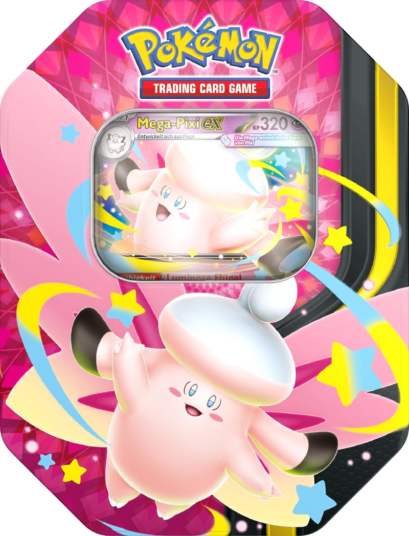 Pokémon Tin Box Mega Pixi ex #129 – Nemecký TCG box so 4 boostrami a promo kartou