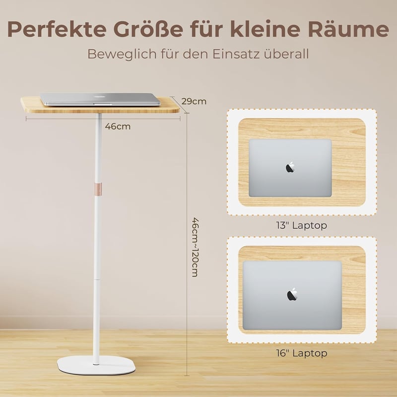 POLESTO Állítható Magasságú Álló Íróasztal 46-120 cm Laptop Állvánnyal, Mobil Prezentációs Asztal Irodához és Otthonhoz, Fehér