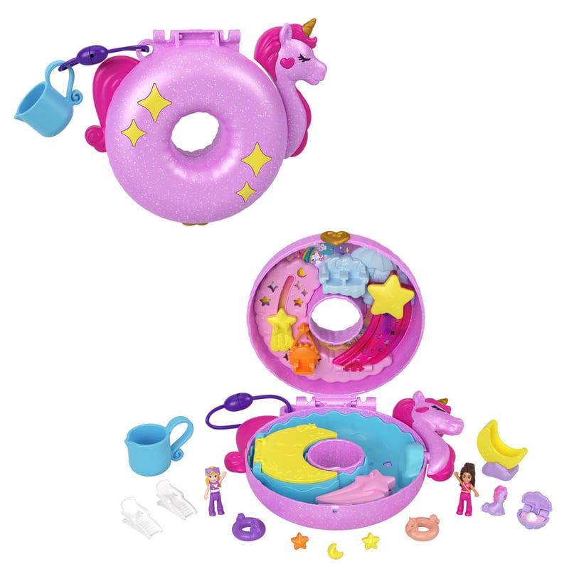 Polly Pocket HKV34 hracia súprava s jednorožcom a plťou, 12 doplnkov, vodná hra a 2 figúrky meniace farbu