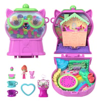 Polly Pocket JKC50 Hracia súprava Šperkovnica s mačiatkom a žuvačkou – mikrobábika, zvieratko, šálka na čaj, hojdačka a ovocné doplnky, cestovná hračka 1