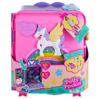 Polly Pocket Pollyville Dovolenkový kufrík na kolieskach – 4 bábiky, 1 vozidlo, 25+ doplnkov, pláž, promenáda, trojposchodový hotel s helikoptérou, HK 6