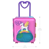 Polly Pocket Pollyville Dovolenkový kufrík na kolieskach – 4 bábiky, 1 vozidlo, 25+ doplnkov, pláž, promenáda, trojposchodový hotel s helikoptérou, HK 8