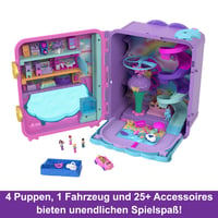 Polly Pocket Pollyville Dovolenkový kufrík na kolieskach – 4 bábiky, 1 vozidlo, 25+ doplnkov, pláž, promenáda, trojposchodový hotel s helikoptérou, HK 4