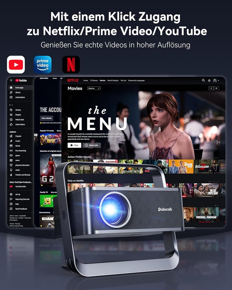 Polocsh P7 Hordozható 4K Projektor 1500 ANSI Lumen, 1080P FHD Felbontás, WiFi 6, Bluetooth, Automata Keystone, Elektromos Fókusz, Acélszürke