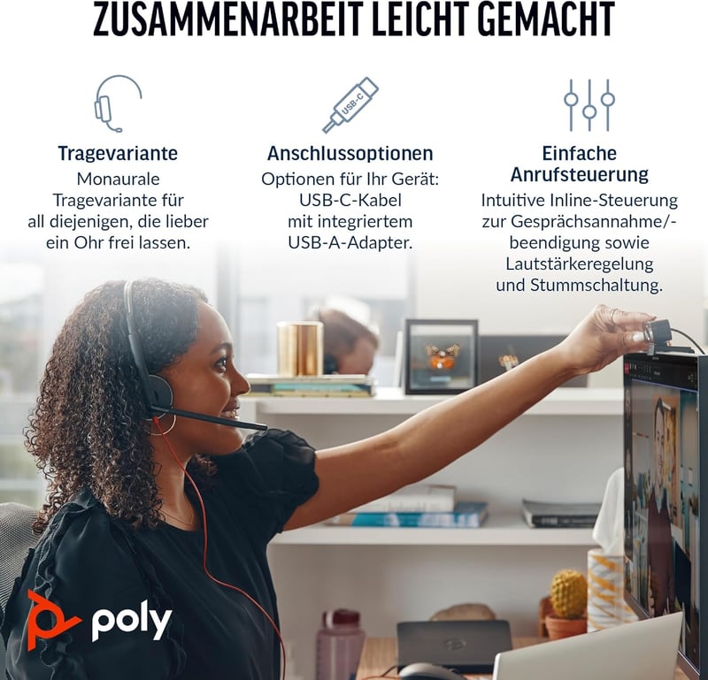 Poly Blackwire 3220 USB-C Headset Zajszűrő Mikrofonnal Teams Zoom Kompatibilis - BLACKWIRE, C3220 USB-C, USB C/A ADAPTER, ECOMM, USB-C/A