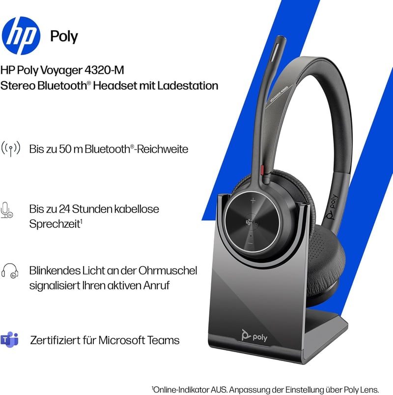 Poly Voyager 4320 Bluetooth Headset Töltőállomással, Zajszűrés, Teams Certified