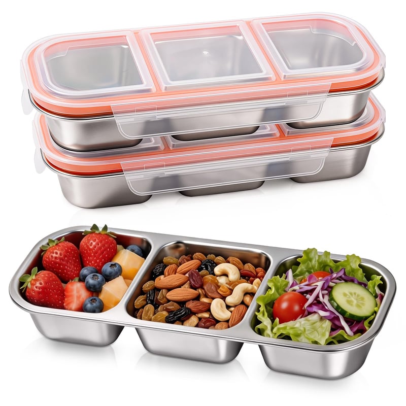 Pomodee Snackbox 3-priehradkový nerezový obedár, 3 ks Bento box, nepriepustný