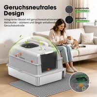 Poncotsen Uzavretá toaleta pre mačky z nehrdzavejúcej ocele XXXL so pachovým filtrom, svetlosivá 5