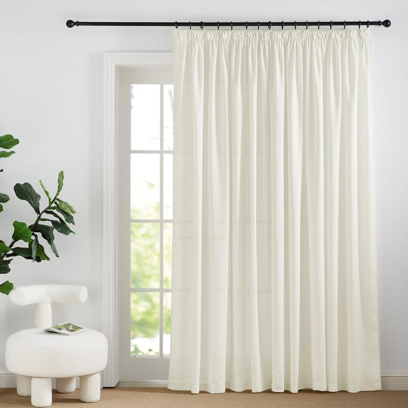 PONY DANCE Draperii din in cu bride – Semitransparente, alb fildeș, pentru șină, 260x300 cm, cu bandă plisată, pentru living, dormitor, bucătărie